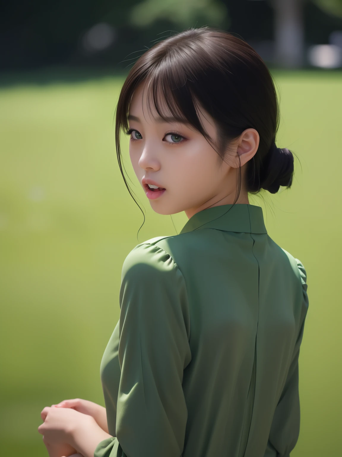 (8k, high resolution, best quality, masterpiece:1.2)、1 Japan Girl, cute, healthy, natural makeup, Open your mouth and speak, The background is a deep, solid green.. Look far away