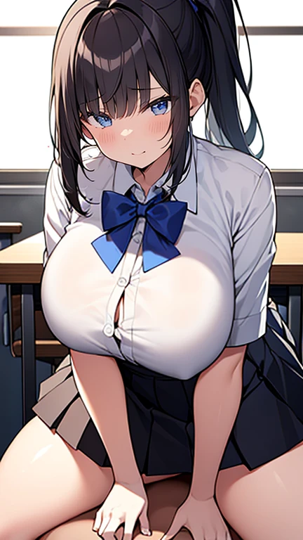 masterpiece,Highest quality,Highly detailed face,(((A slim and sexy girl))), ((1boy and 1girl are having sex)),((Cum there)),(((cowgirl position, girl on top:1.3))),(Black hair ponytail), (((Huge breasts))), (((White shirt、Pleated skirt:1.4))),((straddling a man:1.5))、((Painful face))、Heart symbol、excited、White Breath、(((SEX in the classroom)))、(Sweat:1.2)、Nervous、Heart symbol