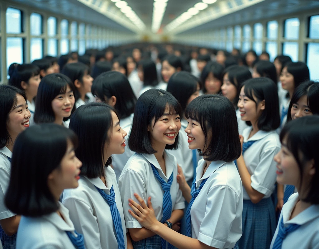(Perfect Clone girls Raw Photography Art), (16K, Highest quality, Ultra-high resolution, Unrealistic, Unparalleled scale, A world of cloned girls multiplying, Ultra-realistic), (Japanese High School Girl, 16-year-old), (((((Small face, (((((Thick black hair, Semi-long hair)))))))))), ((Very beautiful detailed girls, Accurate body structure, Very detailed body, (((((Big Breasts))))), (((White shirt, Blue tie, Light blue checked mini skirt, White socks, Dark blue leather shoes))), ((Dark Eyes, Mature face, Cute Smile, A gentle gaze)), (((((Happy laughter))))), (((((Very detailed, 1girl-1,000,000cloning))))), (((100girls), (6+girls), multiple girls))), (((((Very detailed depiction of the other self, Perfectly the same girl, The exact same smile, Perfect same hair, Perfect same clothes, Exactly the same height, 完璧な同じBig Breasts))))), (((((clone girls only))))), ((10,000clone girls)), ((1,000,000clone girls)), ((1,000,000,000clone girls)), ((Japanese version of the packed train car, only for 'clone girls', Standing posture, Intensive, Have fun and smile, Laughing, While talking, Hugs, Chest to Chest, Close in distance)), ((1,000,000,000,000,000,000clone girls)), ((1,000,000,000,000,000,000,000,000,000clone girls)), ((The sight of the ultimate super-crowded, 異常な超Intensive, Countless clone girls packed together tightly)), (Soft Light, super wide view, (((((Extremely detailed and clear ultra-telephoto depiction)))))), (((Subject depth extremely shallow)))