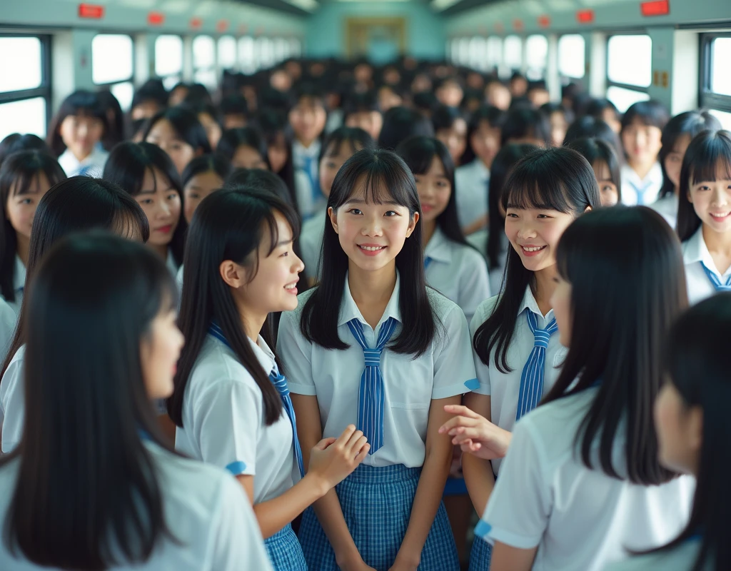 (Perfect Clone girls Raw Photography Art), (16K, Highest quality, Ultra-high resolution, Unrealistic, Unparalleled scale, A world of cloned girls multiplying, Ultra-realistic), (Japanese High School Girl, 16-year-old), (((((Small face, (((((Thick black hair, Semi-long hair)))))))))), ((Very beautiful detailed girls, Accurate body structure, Very detailed body, (((((Big Breasts))))), (((White shirt, Blue tie, Light blue checked mini skirt, White socks, Dark blue leather shoes))), ((Dark Eyes, Mature face, Cute Smile, A gentle gaze)), (((((Happy laughter))))), (((((Very detailed, 1girl-1,000,000cloning))))), (((100girls), (6+girls), multiple girls))), (((((Very detailed depiction of the other self, Perfectly the same girl, The exact same smile, Perfect same hair, Perfect same clothes, Exactly the same height, 完璧な同じBig Breasts))))), (((((clone girls only))))), ((10,000clone girls)), ((1,000,000clone girls)), ((1,000,000,000clone girls)), ((Japanese version of the packed train car, only for 'clone girls', Standing posture, Intensive, Have fun and smile, Laughing, While talking, Hugs, Chest to Chest, Close in distance)), ((1,000,000,000,000,000,000clone girls)), ((1,000,000,000,000,000,000,000,000,000clone girls)), ((The sight of the ultimate super-crowded, 異常な超Intensive, Countless clone girls packed together tightly)), (Soft Light, super wide view, (((((Extremely detailed and clear ultra-telephoto depiction)))))), (((Subject depth extremely shallow)))