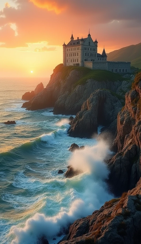 Masterpiece,High resolution,Best composition,Dynamic composition,Summer sea view,There is a reef,An old European castle is built on the reef,Waves crash on the reef,Sunset falls on the side of the reef,Orange tinted sky and sea.