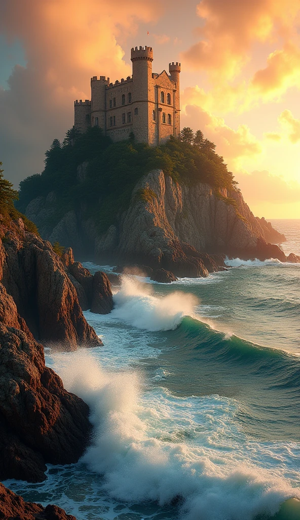 Masterpiece,High resolution,Best composition,Dynamic composition,Summer sea view,There is a reef,An old European castle is built on the reef,Waves crash on the reef,Sunset falls on the side of the reef,Orange tinted sky and sea.