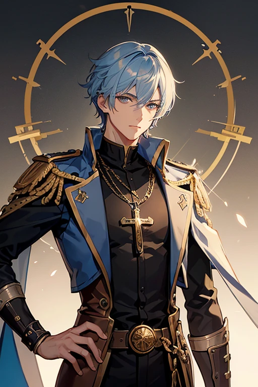 The 30-year-old Steampunk priest has short, messy silver-blue hair and eyes of the same color. He is a tall, muscular man, wearing a Steampunk Holy Knight robe with a cross on his chest, wearing a golden crucifix necklace looking directly at the viewer white background