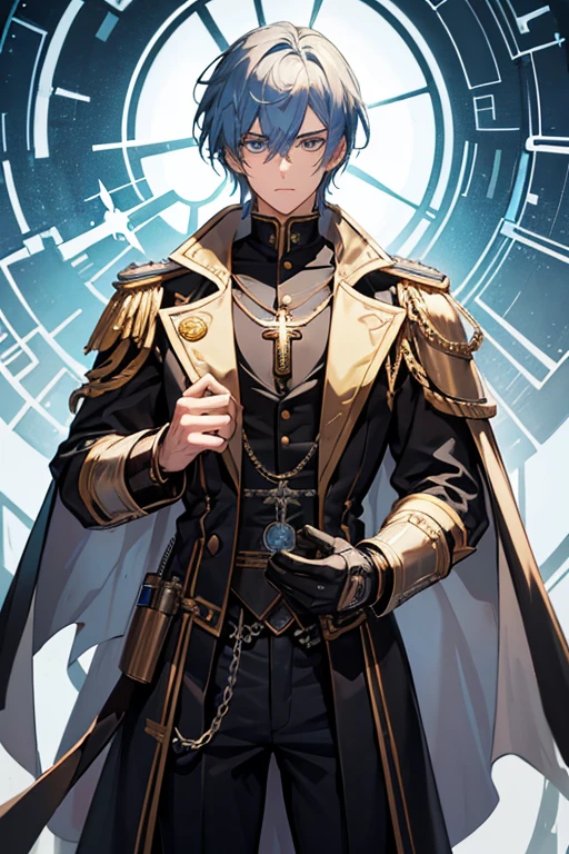 The 30-year-old Steampunk priest has short, messy silver-blue hair and eyes of the same color. He is a tall, muscular man, wearing a Steampunk Holy Knight robe with a cross on his chest, wearing a golden crucifix necklace looking directly at the viewer white background