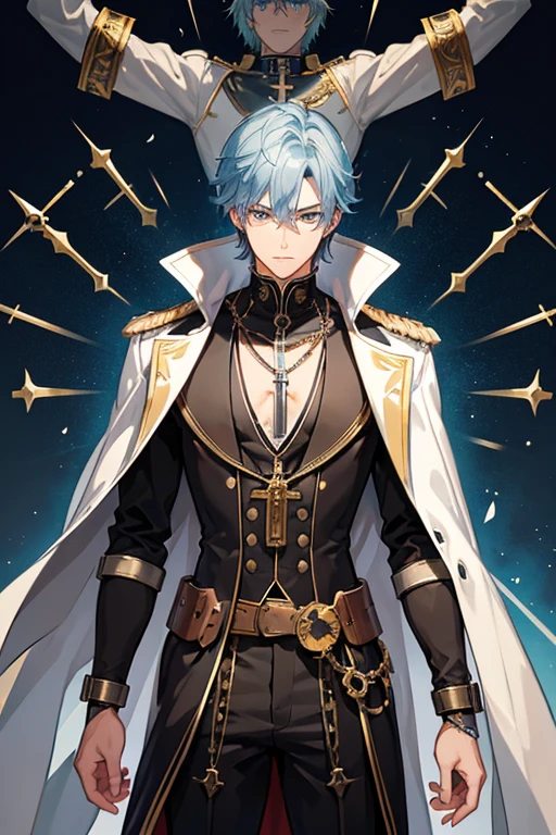 The 30-year-old Steampunk priest has short, messy silver-blue hair and eyes of the same color. He is a tall, muscular man, wearing a Steampunk Holy Knight robe with a cross on his chest, wearing a golden crucifix necklace looking directly at the viewer white background