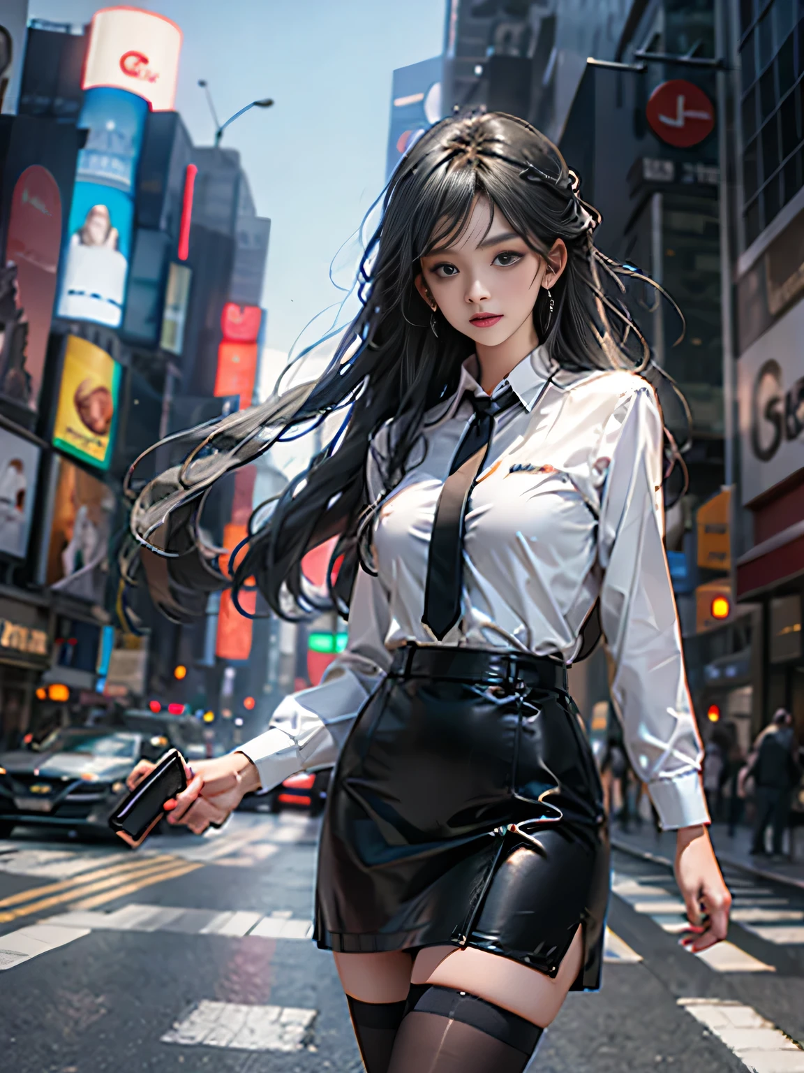 (Woman walking the streets of New York),Realistic, High resolution, Female: 1 person, solo, Lift your hips high, Beautiful Eyes, Close your lips, Detailed face, Gray Hair, Long Hair, Collared shirt, Black tie,Black Skirt, Pencil Skirt, Black Stockings,（career woman）