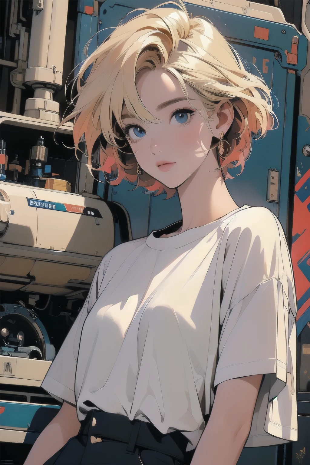 (((masterpiece, Highest quality)))、(((32K Wallpapers)))、The most detailed machine、(((The most complete and detailed colorfull futuristic machine and a woman)))、The most detailed background、(((Flat Chest)))、(((Surrounded by many complex, sophisticated, futuristic machines)))、head shot,((((more various angle))))、((Overall colorfully))、A perfect machine、(((Perfect Face)))、(((The most complete machine of the future)))、Detailed Hair、Trigun、Short sleeve white T-shirt、gold hair