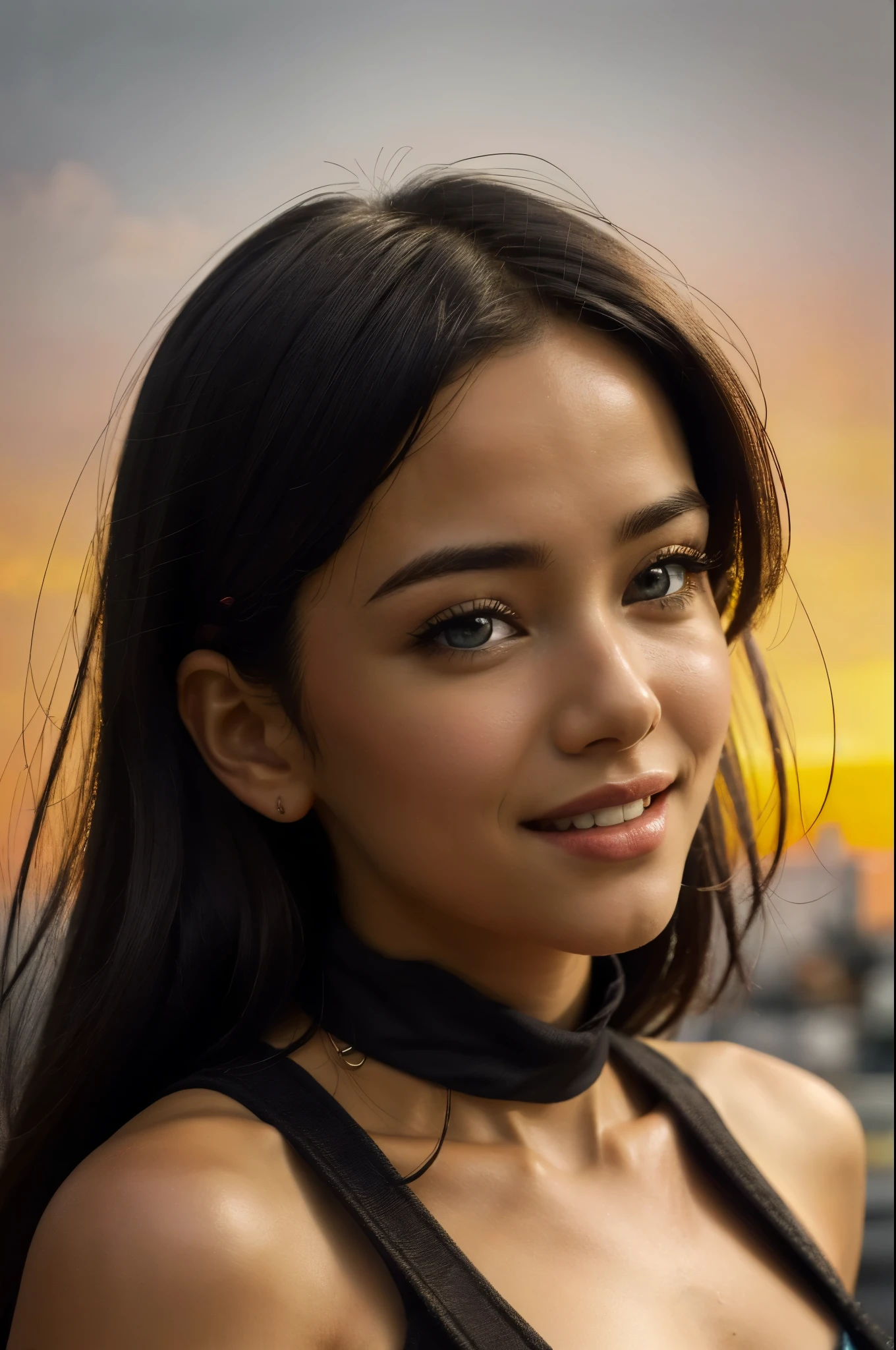 (best quality, masterpiece, colorful, extremely high detail), (photorealistic:1.3), raw photo, upper body photo, fashion photography of cute photo of a beautiful, black skin, dark skin, African supermodel, long black hair, naked, (29 year) old purple makeup, dawn, Venice, gondola, colorful dress, yellow & purple theme, Porta 160 color, shot on Leica T, sharp focus on subject, shot by Anne Geddes, (cinematic, purple and yellow:0.85), (vibrant color), (intricate details), (dynamic angle), exposure blend, bokeh, dim light, (hdr:1.4), high contrast, (muted colors, dim colors, soothing tones:1.3), low saturation, morbid, nadia la arwall:1.3, perfect proportions, smiling, ((ultra high quality)) ((detailed face:1.6))