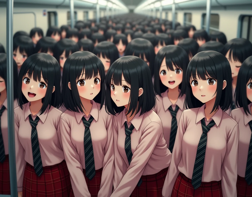 (Perfect Clone girls Raw Photography Art), (16K, Highest quality, Ultra-high resolution, Unrealistic, Unparalleled scale, A world of cloned girls multiplying, Ultra-realistic), (Japanese High School Girl, 16-year-old), (((((Small face, (((((Thick black hair, Semi-long hair)))))))))), ((Very beautiful detailed girls, Accurate body structure, Very detailed body, (((((Big Breasts))))), (((Pale pink shirt, Black and white diagonal striped tie, Red plaid mini skirt, White socks, Dark blue leather shoes))), ((Dark Eyes, Mature face, Cute Smile, A gentle gaze)), (((((Happy laughter))))), (((((Very detailed, 1girl-1,000,000cloning))))), (((100girls), (6+girls), multiple girls))), (((((Very detailed depiction of the other self, Perfectly the same girl, The exact same smile, Perfect same hair, Perfect same clothes, Exactly the same height, 完璧な同じBig Breasts))))), (((((clone girls only))))), ((10,000clone girls)), ((1,000,000clone girls)), ((1,000,000,000clone girls)), ((Clone girls only: Tokyo's crowded train, Standing posture, Intensive, Have fun and smile, Laughing, While talking, Hugs, Chest to Chest, Close in distance, Face close)), ((1,000,000,000,000,000,000clone girls)), ((1,000,000,000,000,000,000,000,000,000clone girls)), ((The sight of the ultimate super-crowded, 異常な超Intensive, Countless clone girls packed together tightly)), (Soft Light, super wide view, (((((Extremely detailed and clear ultra-telephoto depiction)))))), (((Subject depth extremely shallow)))