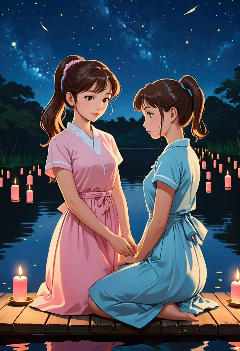 Create a delicate image of two young women in love in anime style, dressed in a 1950s style. One is a beautiful Asian girl with long hair tied in two loose ponytails, dressed in a simple pink dress and the other is a beautiful British girl with brown hair tied in a ponytail and a cute fringe, she is dressed in a simple light blue checkered dress, both are sitting on a small dock by the shore of a lake, on a starry night, surrounded by fireflies, on the surface of the lake there are thousands of candles as offerings at the Loy Krathong festival. Together they deposit their offering in the water, asking for their love. The image exudes ceremony and intimacy between them, it is an intimate moment.