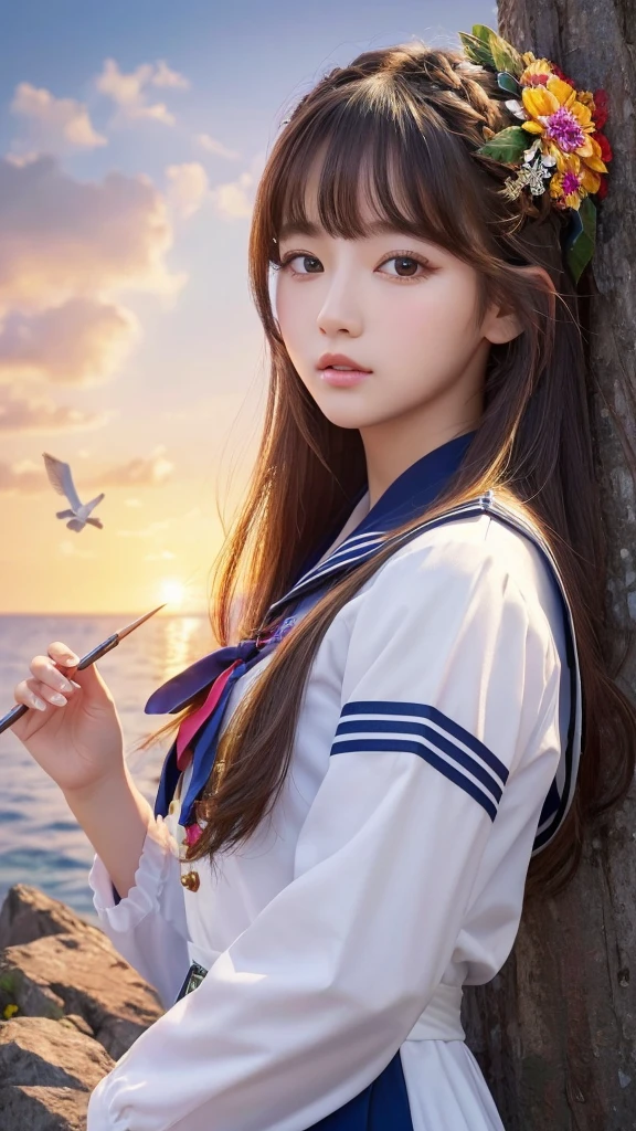 (masterpiece, Highest quality, Highest quality, Official Art, beautifully、aesthetic:1.2), (One girl), Very detailed, (Fractal Art:1.3), colorful, Most detailed, Perfect Face, Upper Body, High resolution, Long Hair、Korean Hair、Sailor suit