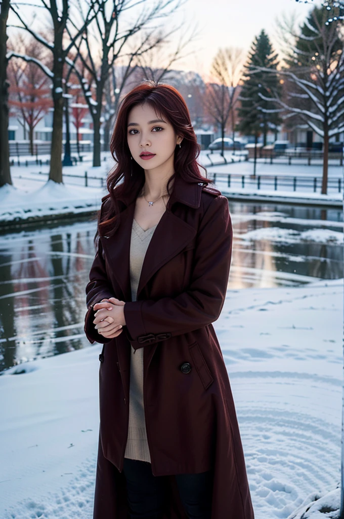1girl, soli_tree, maroon_Ojo, maroon_Hair, Building, trench coat, traverser_aretes, aretes, Skinned, fur-trimmed_trench coat, Skinned_necklase, Skinned_echarpe, Skinned_takes, jewelries, lips, bob_Hair, gazing_au_viewer, plein-air, neve, snowing, standing alone, tree, upper_cos, winter, winter_Clothes, circunstanciado_Ojo,