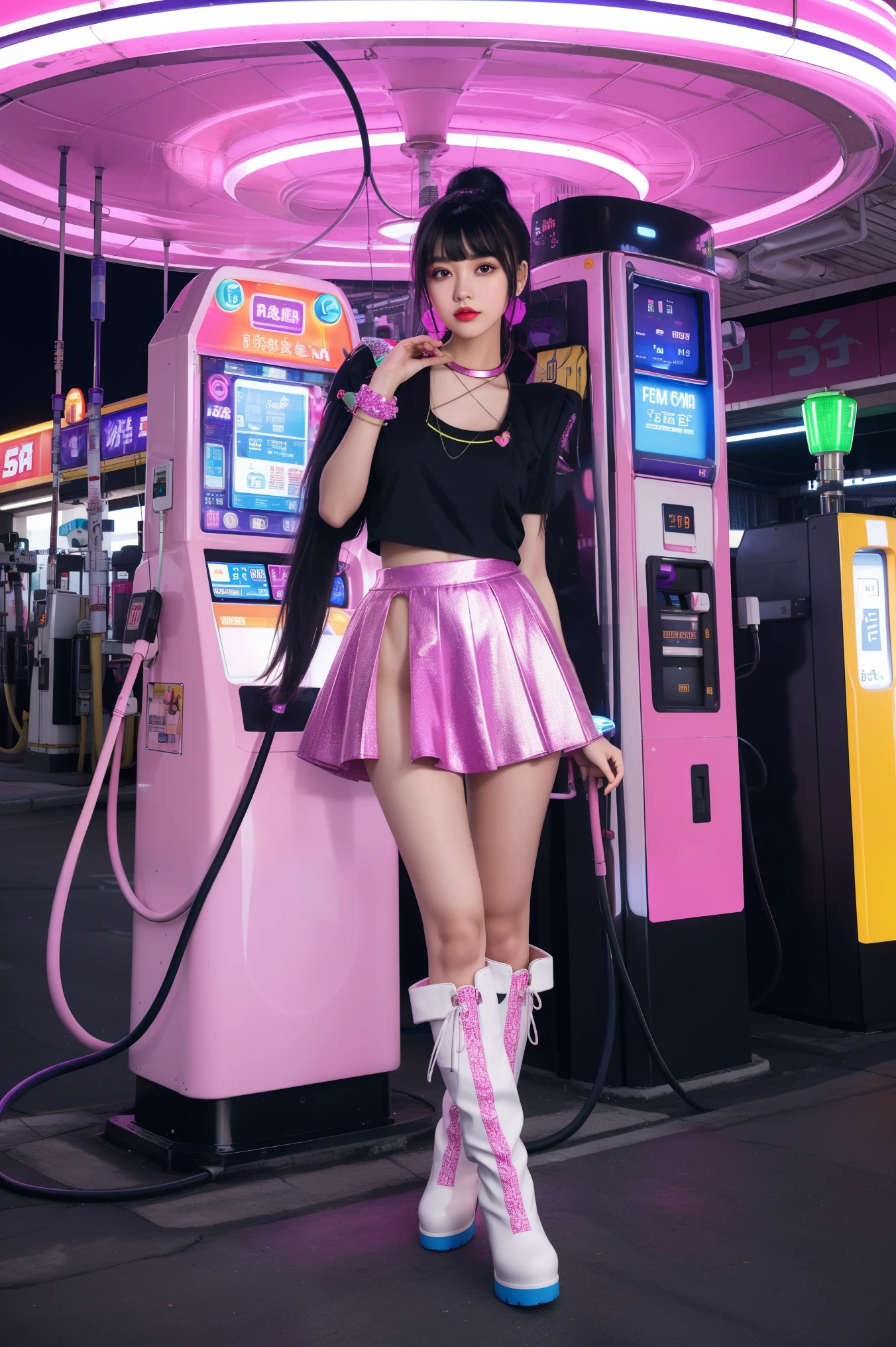 futuristic young woman, The dazzling costume、in a surreal atmosphere々Standing, Neon lights shine at the gas station. Gasoline pump, adorned with star, Floating in the air, The hose swings playfully. Vibrant pink and purple hues spread, Creates a surreal and otherworldly atmosphere, Monitiered layered skirt, Pink Boots, White pink heart print top, Unusual fashion choices, Black low ponytail with bangs