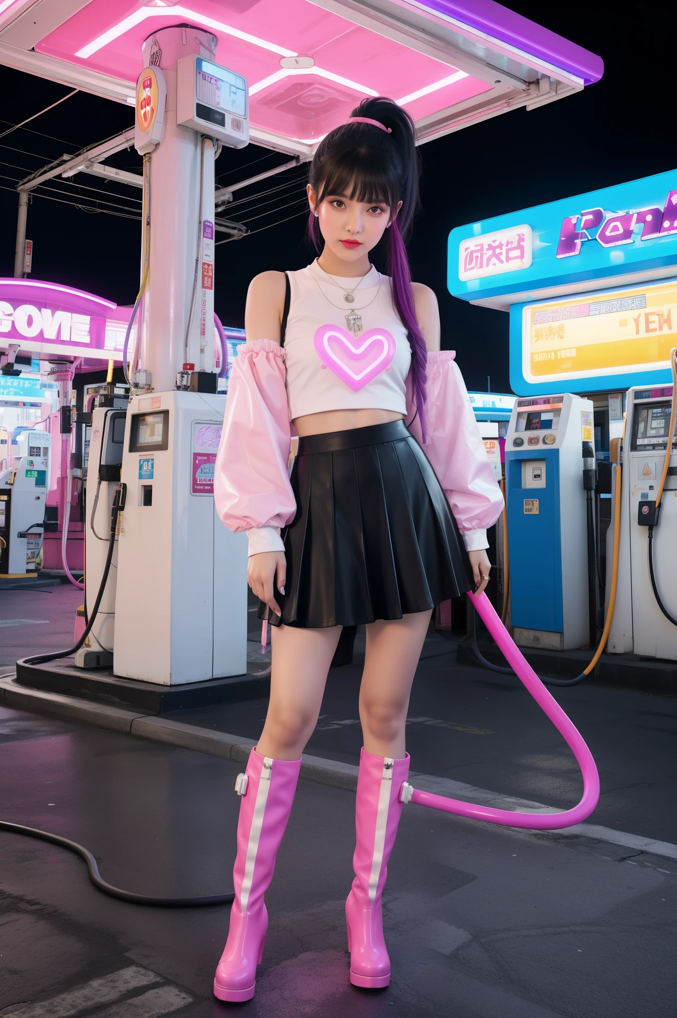 futuristic young woman, The dazzling costume、in a surreal atmosphere々Standing, Neon lights shine at the gas station. Gasoline pump, adorned with star, Floating in the air, The hose swings playfully. Vibrant pink and purple hues spread, Creates a surreal and otherworldly atmosphere, Monitiered layered skirt, Pink Boots, White pink heart print top, Unusual fashion choices, Black low ponytail with bangs