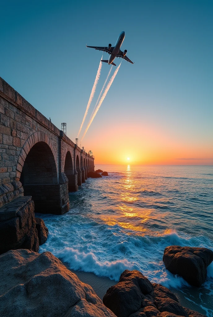 8k, Highest quality, Master Parts, landscape,Bridge pier,another々To， March, coastal, Electric pole, longas pontes de pedra que se estendem para o March, Beautiful views, a jet plane flying over the sky leaving two white air Marchks. blue sky, sunset, night, seaside coral reef