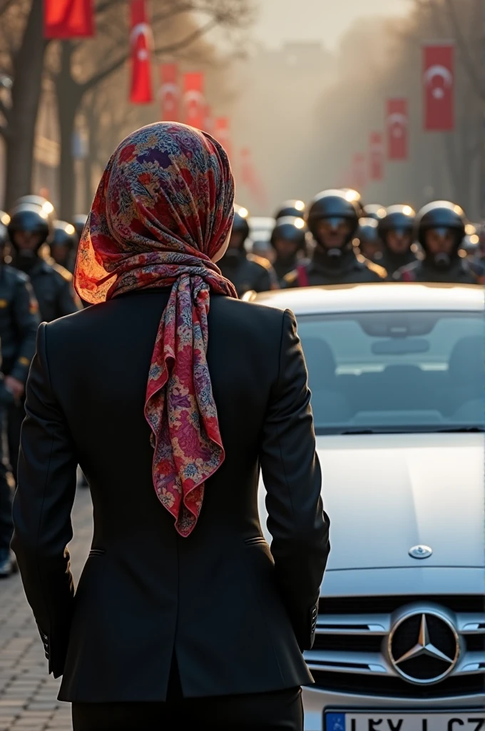 A rich woman in a suit, wearing a hijab, wearing a scarf of all colors, a latest model Mercedes-Benz V-Class, a woman getting in with her back turned, surrounded by armed Turkish soldiers, and the latest model cars around the soldiers protecting her.