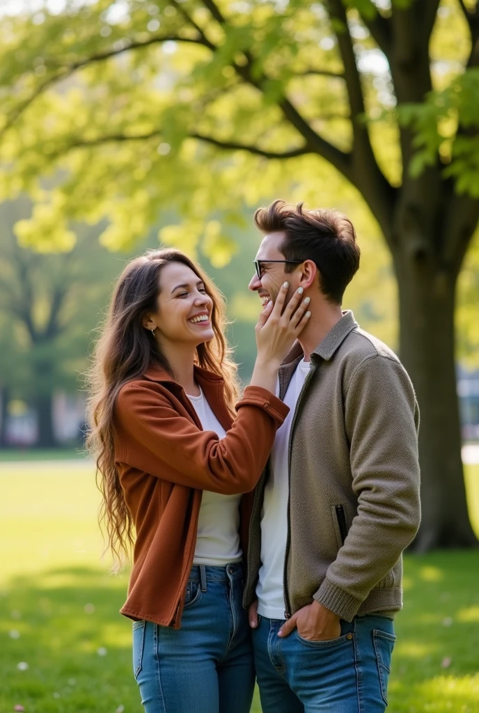 A playful woman in her mid-to-late 20s, with a mischievous grin, is gently pulling the ear of a man, also in his mid-to-late 20s. He's pretending to be in pain, with a exaggerated expression of distress, and tears welling up in his eyes. She's laughing and teasing him, clearly enjoying the playful moment. They're both dressed in casual, modern clothing, and the atmosphere is lighthearted and fun.