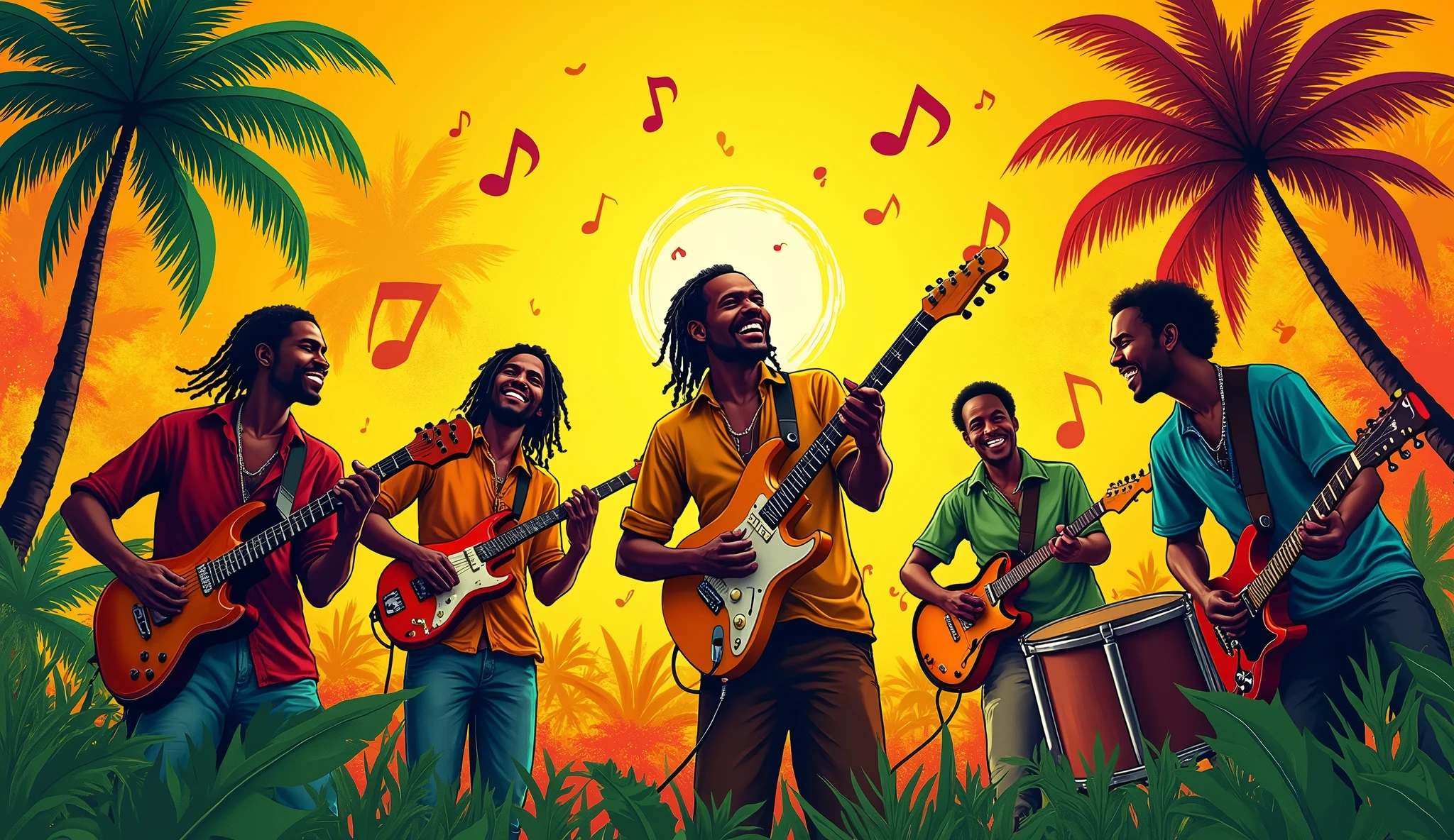 vectorial art, With a lot of Jamaican reggae, Authentic Jamaican Reggae Music Atmosphere,colorful illustrations, At the center, swirly vibrant colors, paint splashes and smears, high détail,