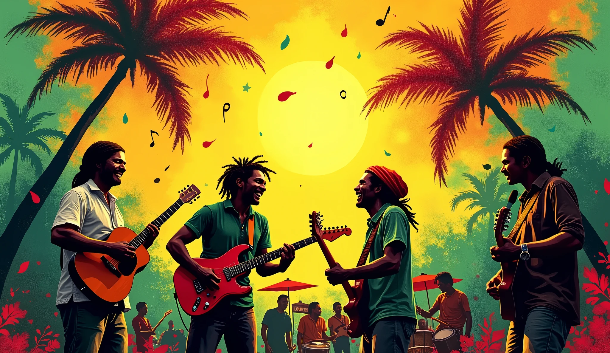 vectorial art, With a lot of Jamaican reggae, Authentic Jamaican Reggae Music Atmosphere,colorful illustrations, At the center, swirly vibrant colors, paint splashes and smears, high détail,