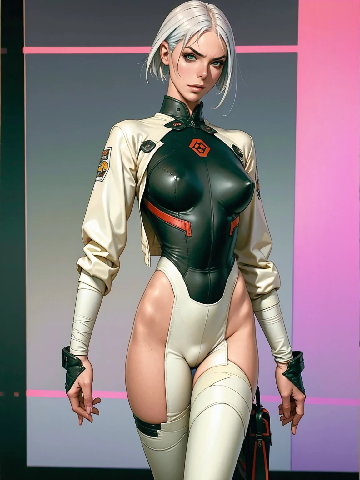 (((Annie Lennox))), ((( transparent suit ))), (((Bandaged body))), ((high collar)), (((dark bluish green))), (((best qualityer: 1.4))), (Unbeatable masterpiece), (hiper HD),(CG 8k hyper-realistic), (((brave face))), (((breasts big))), (((hyper feminine))), sexly girl, Tron,（white bob hair)), ((( sculptural body ))), (((1 Kizi))), Kizi cibernética de 25 anos com perfectbody,,Beautiful and well-groomed face,muscular body:1.2,solid color detailed jacket, (Head to thigh photos)， Complex equipment, green dark，Long pants，Tight clothes are dark，With white stars and off-white stripes,,,,,Armor Metal Electronic Parts, Poison tattoos ) INFO, Kizi, (((standing alone))), pirralha violent, ((())), sexly, pose de atitude, work of art, post-apocalypse, (((manga style))), bounty hunter, violent, Manic, the way you want, slenderbody, thin but strong, perfectbody, roupa moderna, advanced technology, neon, sleeves with vertical striped pattern, neutral background, (( cowboy shot )). intricate visual