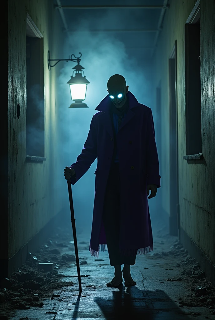 A supernatural being, Floating with pale skin, empty eyes with bright white pupils, he is bald, wears a purple jacket and walks barefoot, he also uses a cane in his right hand and a lantern in his left hand, the background location is an abandoned orphanage. I want the art style to be like a horror game or horror movies