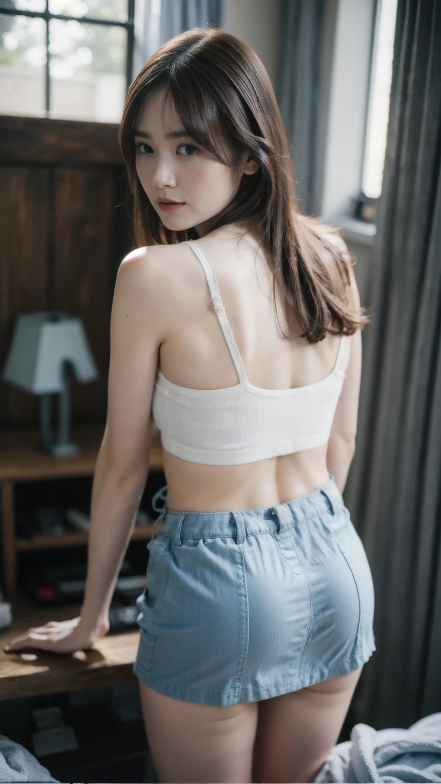 ((1girl)), woman, masterpiece, best quality, highest quality, cinematic lighting, (volumetric lighting), extremely detailed CG unity 8k wallpaper, focused, 8k wallpaper, extremely detailed, ultra realistic, photorealistic, sharp focus, absurdres, (HDR:1.2), (high contrast), photograph, detailed and intricate, instagram, portrait, highly detailed, digital painting, artstation, concept art, smooth, sharp focus, illustration, cinematic lighting, (big breast:1.3), (((skinny, slim legs))), (japanese idol posture), (knit strap tanktop, mini skirt, open shoulder), looking at the viewer, ((Medium body shot, hip level shot)), long hair, ((looking back over shoulder and bent))