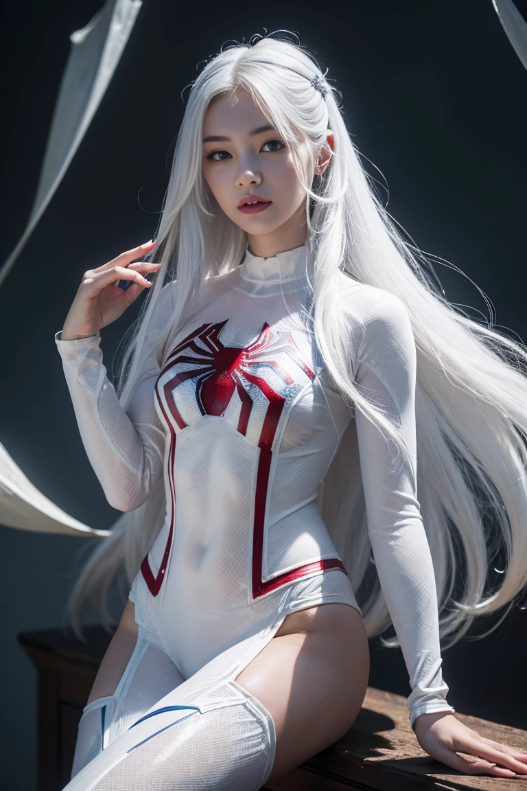 (Masterpiece, 4K resolution, Very realistic, Highly detailed), (ธีมsuper heroชุดขาว, charming, Northern Girl, Wearing a white Spider-Man costume., super hero), [((23 years old), (long white hair:1.2), full body, (blue eyes:1.2), (Spider-Man&#39;s dynamic poses) ((Sandy urban environment):0.8)| (Urban landscape, at night, dynamic lights), (full moon))]