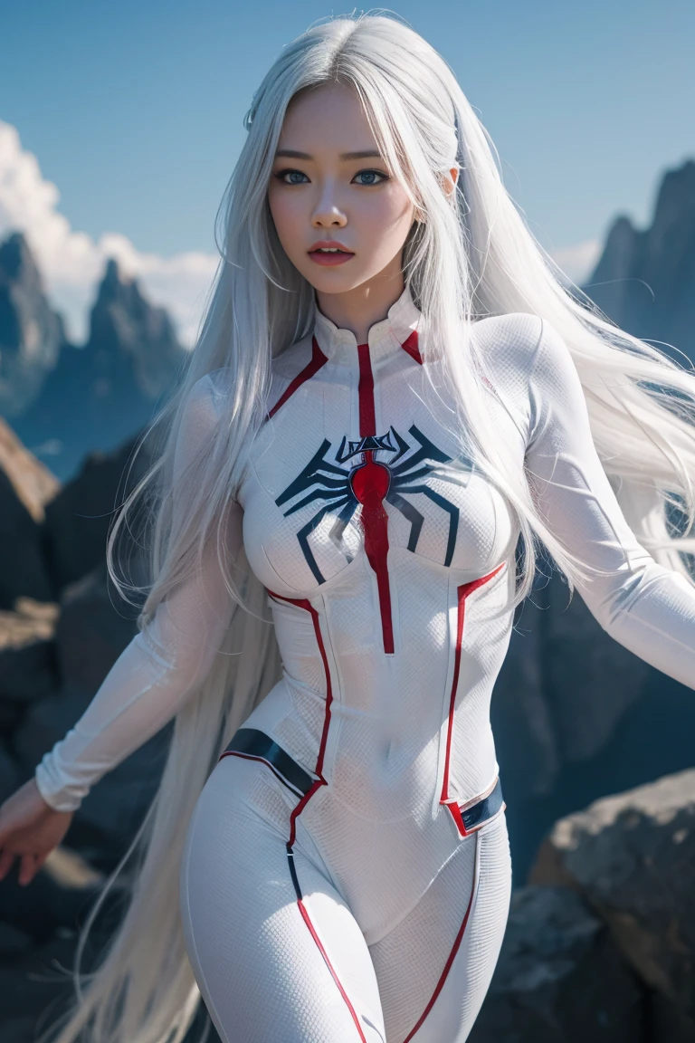 (Masterpiece, 4K resolution, Very realistic, Highly detailed), (ธีมsuper heroชุดขาว, charming, Northern Girl, Wearing a white Spider-Man costume., super hero), [((23 years old), (long white hair:1.2), full body, (blue eyes:1.2), (Spider-Man&#39;s dynamic poses) ((Sandy urban environment):0.8)| (Urban landscape, at night, dynamic lights), (full moon))]