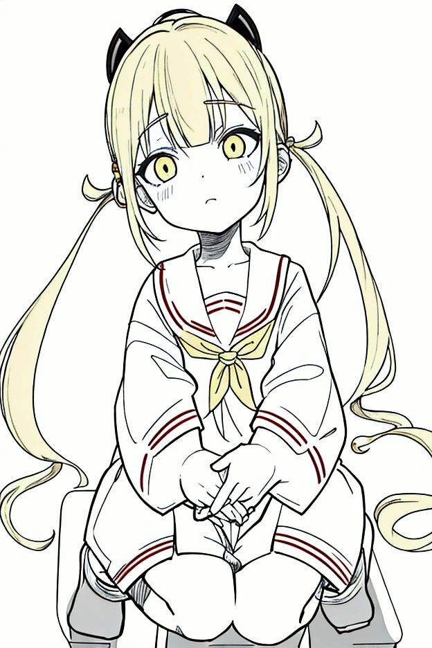 Brat。One person。8-year-old。Confused eyes。Three white eyes。Yellow Hair。Twin tails。Sailor suit。Primary school students。bare teeth。Put your hand over your mouth。sniff。Contempt。Anime characters。Japanese。