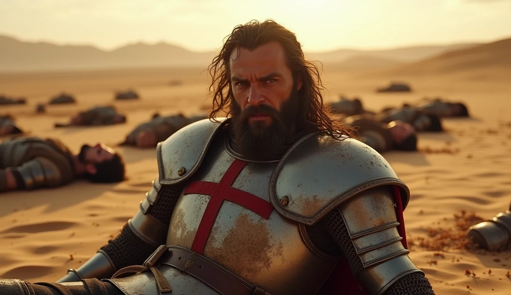 A highly realistic, high-contrast, 8K HD, detailed, hyper-detailed image focusing on the protagonist, a Crusader knight with long hair and a beard, lying defeated on the desert battlefield. His steel armor is adorned with a red cross, and his face is smeared with dirt and sweat, showing exhaustion and despair. The protagonist is on the ground, surrounded by the lifeless bodies of his Crusader comrades, with the desert's vast, sandy expanse stretching out around them. The atmosphere is filled with a sense of hopelessness and defeat, with the first light of dawn barely illuminating the grim scene. The dramatic lighting highlights the protagonist's long hair and beard, and the dirt on his face, emphasizing the raw emotion and the severity of the situation. The image is of the highest quality, with ultra-high resolution, RAW photo quality, and Unreal Engine rendering, capturing the protagonist's moment of despair as he lies among his fallen comrades in the unforgiving desert.