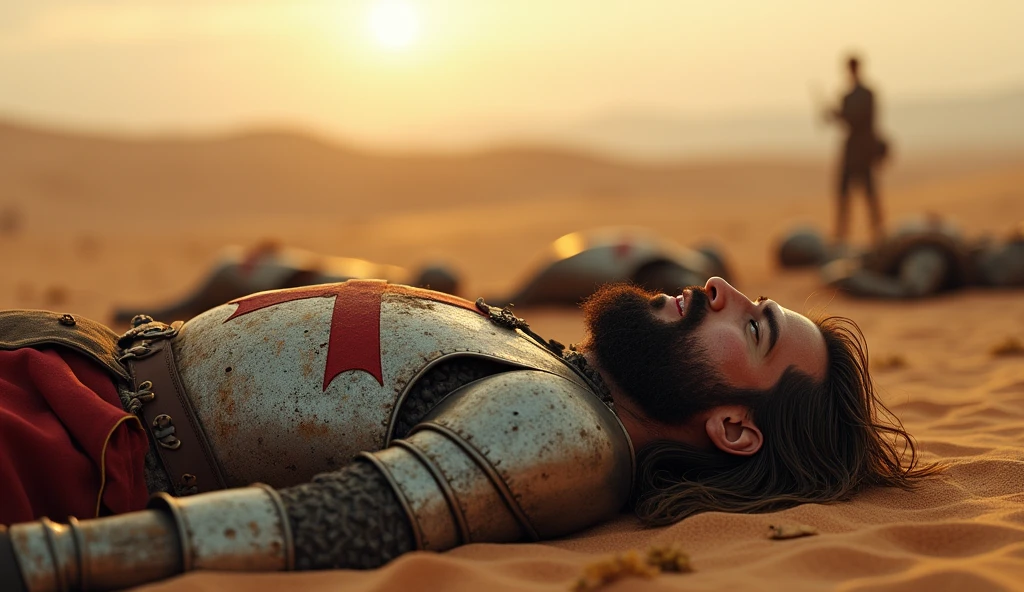 A highly realistic, high-contrast, 8K HD, detailed, hyper-detailed image focusing on the protagonist, a Crusader knight with long hair and a beard, lying defeated on the desert battlefield. His steel armor is adorned with a red cross, and his face is smeared with dirt and sweat, showing exhaustion and despair. The protagonist is on the ground, surrounded by the lifeless bodies of his Crusader comrades, with the desert's vast, sandy expanse stretching out around them. The atmosphere is filled with a sense of hopelessness and defeat, with the first light of dawn barely illuminating the grim scene. The dramatic lighting highlights the protagonist's long hair and beard, and the dirt on his face, emphasizing the raw emotion and the severity of the situation. The image is of the highest quality, with ultra-high resolution, RAW photo quality, and Unreal Engine rendering, capturing the protagonist's moment of despair as he lies among his fallen comrades in the unforgiving desert.