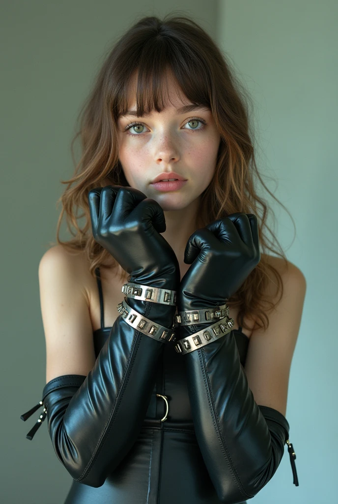 . The girl is wearing long, thick, elbow-length latex gloves that are locked. They are impossible to take off, the gloves are shiny. The gloves have padlocks on the wrists and elbows. The latex gloves also have metal padlocks. They are located on the wrist and elbow. On the girl's elbow there are straps that are locked with large metal padlocks that firmly fix long thick latex gloves up to the elbow on the girl's hands. There are also straps on the wrists, covered with large padlocks, which firmly fix the long, thick, elbow-length latex gloves on the girl's wrists. Beautiful girl innocent look Super realistic 