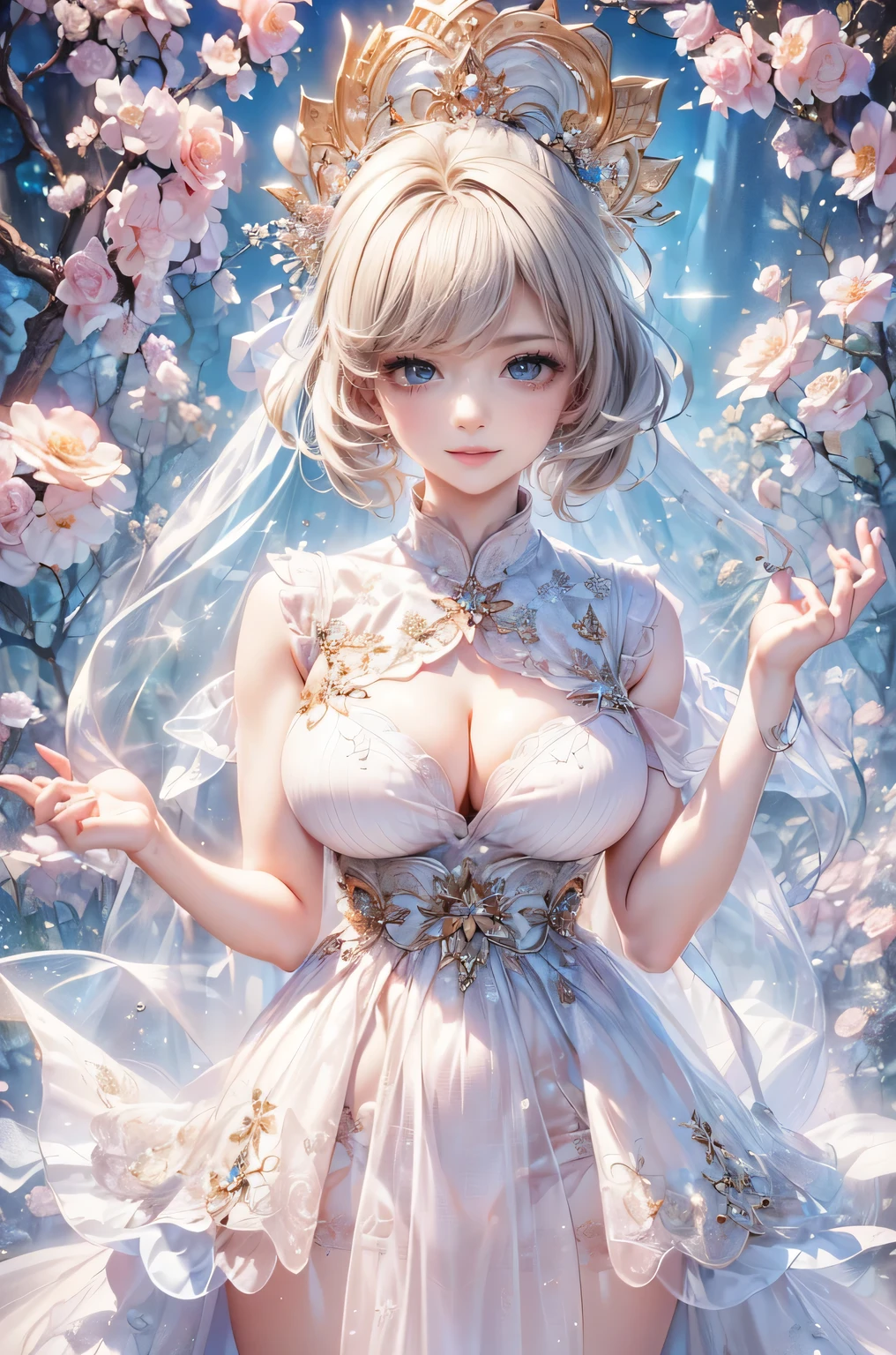 (Highest quality, 8k, CG, Beautiful and detailed whole body, , , Transparent coat dress, Floral Background, Complex facial features, length, Floating Hair, Almond Eye, Exquisite eye makeup, length eyelashes fluttering, Blinking big eyes, Starry Sky, Delicate lip detail, Soft and harmonious style)、cute、sexy, cute girl, face
