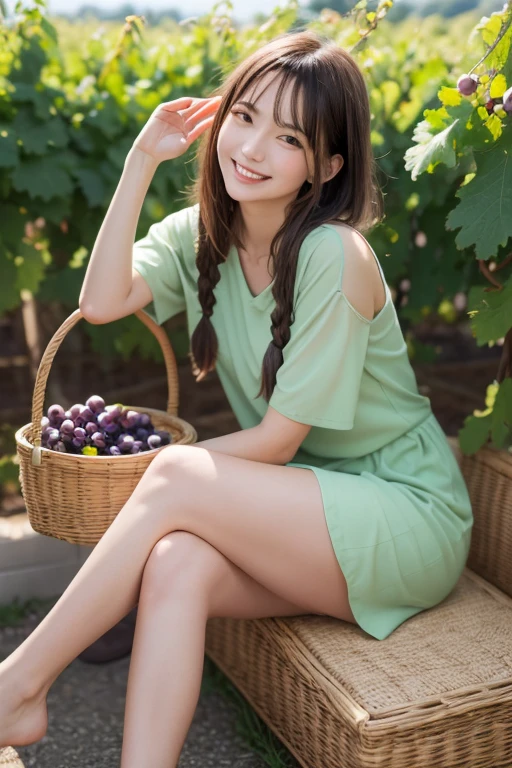 Best picture quality (8k, high resolution, Masterpiece: 1.2), super detailed, 215 Short Hair,Three braids long hair, 16-year-old woman,
situation: Taking a break in a corner of the vineyard after the harvest。
detailed:
angle: Sitting in the shade、A side shot of him relaxing while holding some harvested grapes.。
atmosphere: While relaxing after the harvest、Relaxed expression enjoying delicious grapes。
background: Lounge
Hostess,Hostess,Wearing a green dress
, random cute pose ,big eyes ,Puffy eyes , Heart Pupil, blush , huge shy smile , salute