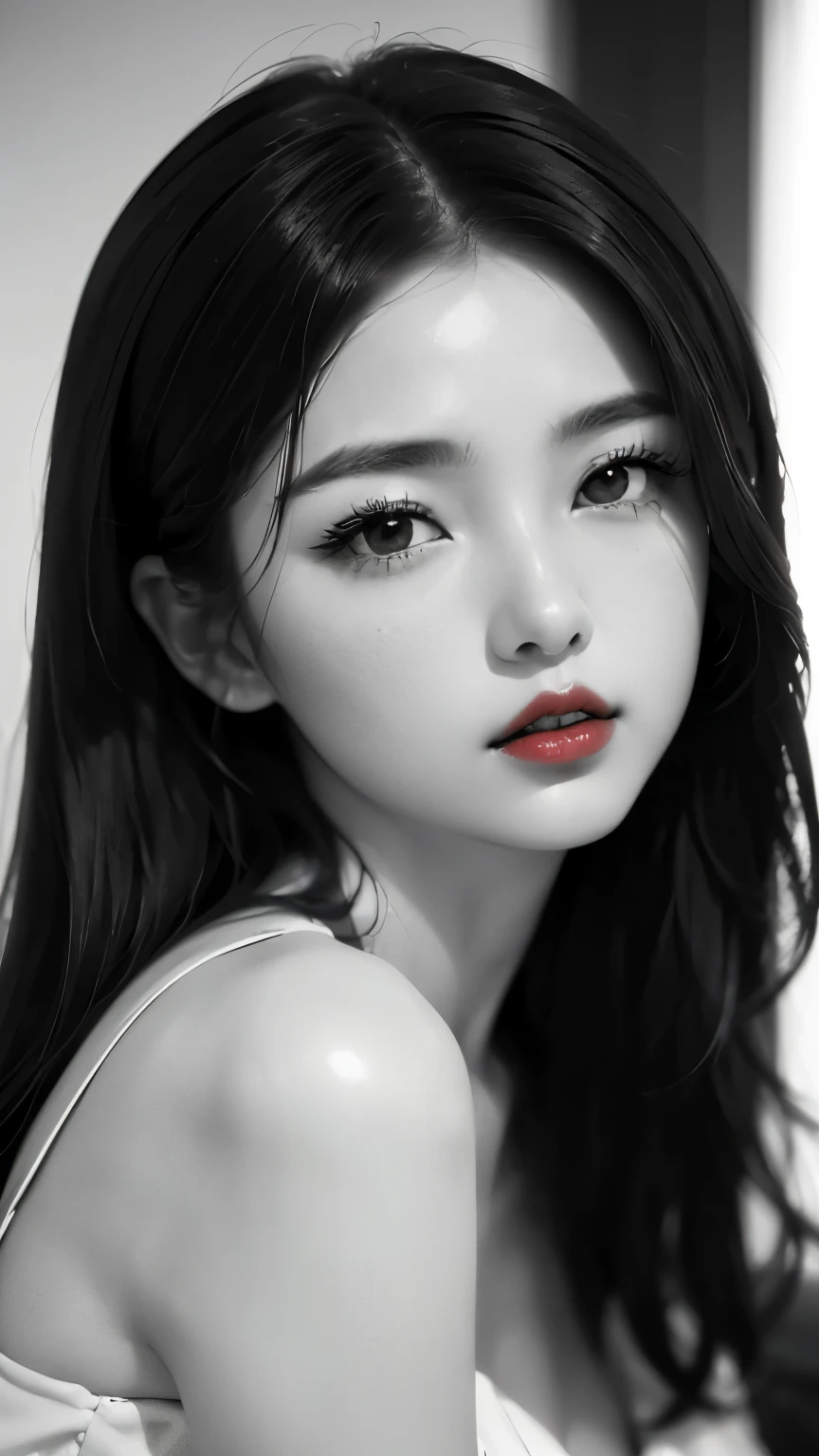 (((black and white art:1.2、Black and white photo、RAW photos、film grain)))、Beautiful woman、small nose、((plump lips、red attractive lips:1.3))、attractive hairstyle、dress、best quality、high resolution、high resolution、movie lights、Black and white photo、professional photographer