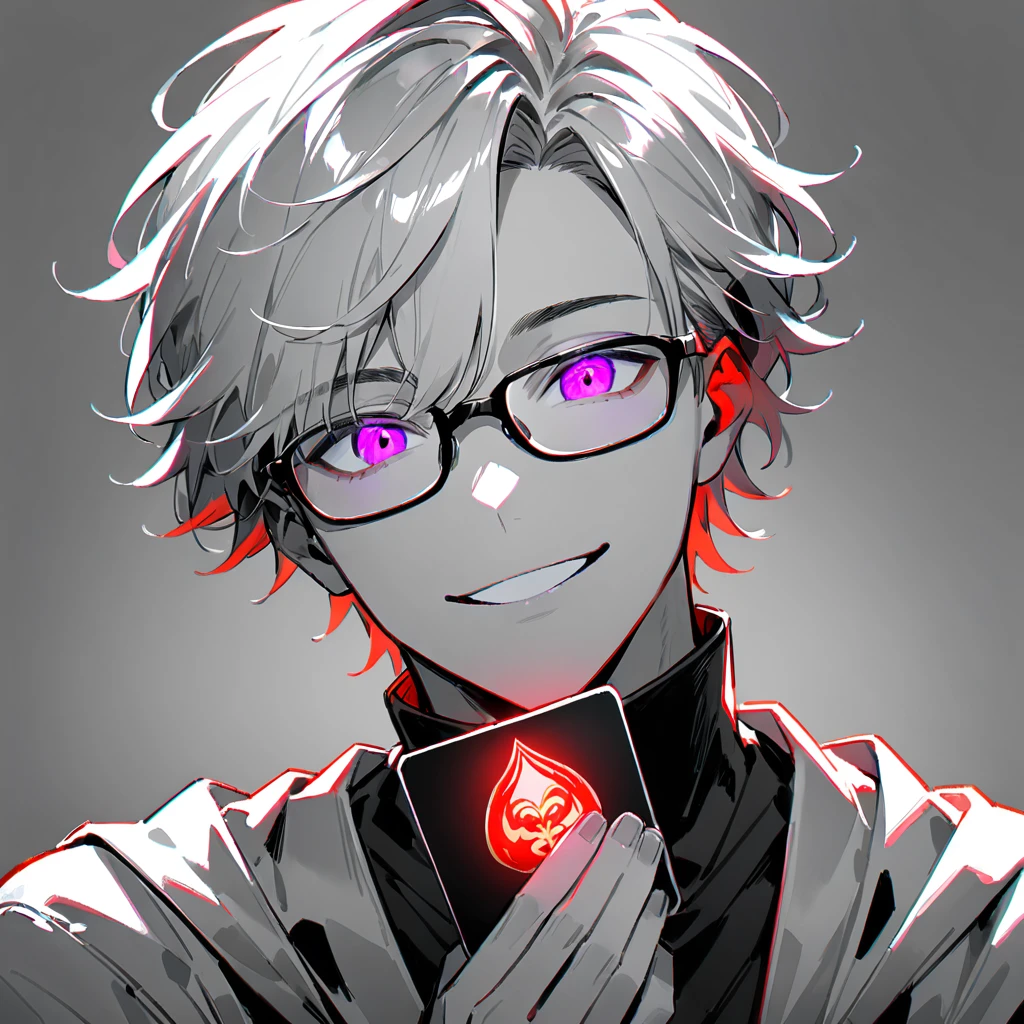 1boy, male focus, solo, glasses, spot color, grey background, glowing, looking at viewer, simple background, smile, purple eyes, holding, parted lips, monochrome, upper body, portrait, card, ((medium quality)), ((medium quality))