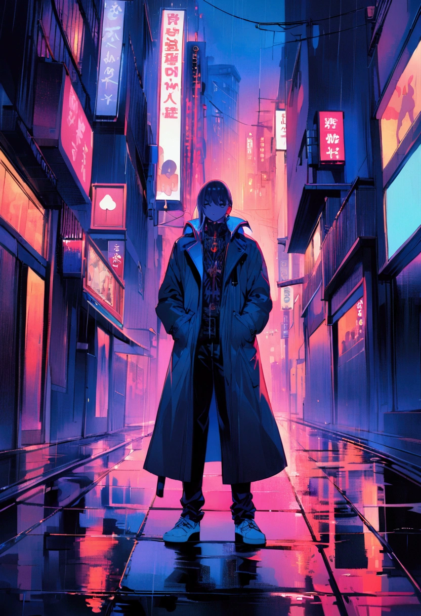 One person,City of night,rain,coat,Put your hands in your pockets、whole body、Standing on the streets of Tokyo、neon、delicate、Smoke a cigarette、The image is１６：９