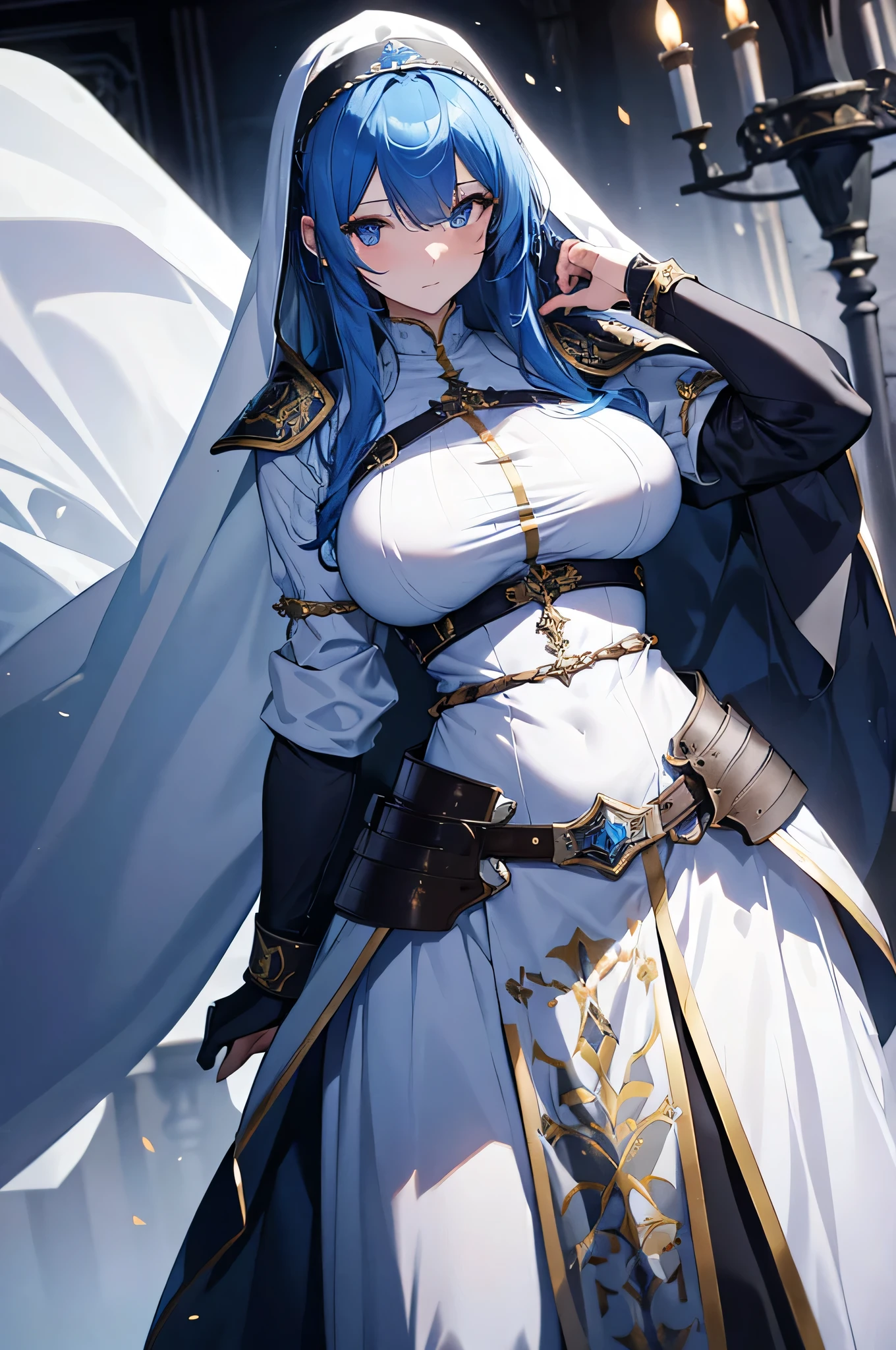 4K,High resolution,One Woman,Blue Hair,long hair,Big Breasts,Nuns,White plate armor,Heavy Armor,Full Armor,White veil,Jewelry decoration,Long sword,Medieval town