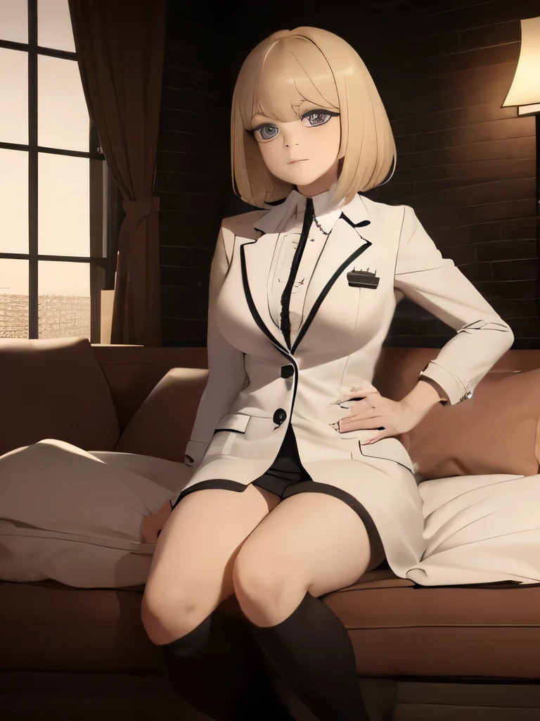 (1girl:1.3), Masterpiece, Best quality, amazing beauty, 4K, absurdres, finely detail, super detailed eye, perfect anatomy, official art, cinematic lighting, BREAK, bedroom, silky bob cut, blonde, super shiny detailed black eye, big eyes, embarrassed, BREAK , big breasts, sitting chair, BREAK , (business suit:1.2), (one piece:1.2), BREAK,()