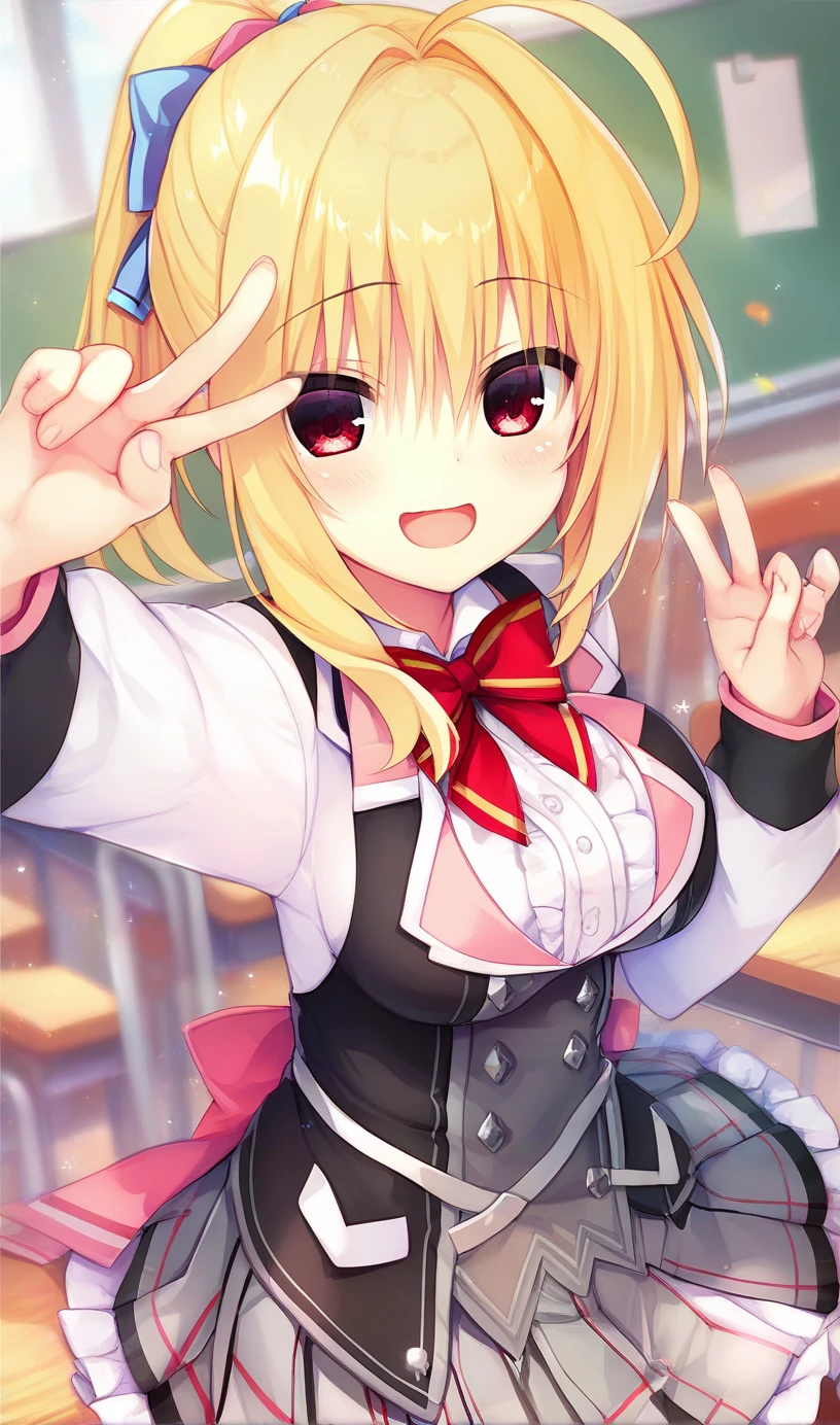 hiyori-default,red eyes,blonde hair,ponytail,high_ponytail,ponytail,ahoge,school uniform, red bow,frills,shirt,pleated skirt,frilled skirt, black socks,smiling,peace fingers,one_eye_closed,classroom,selfie