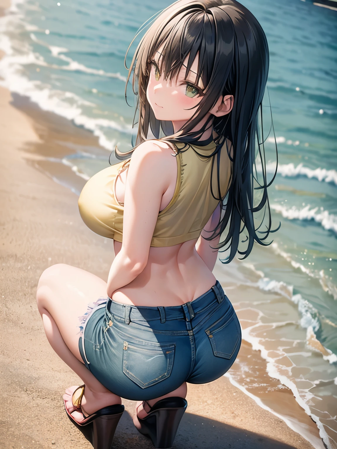 Damaged Denim Shorts　green、Black　Pantyhose、Yellow floral bra　See-through wet shirt、Big Breasts、Beautiful feet、smile、Black Hair　long hair、Sunset　Seaside town　stage、Crouching　Butt　Looking back、Belly button　Firm stomach、Sandals