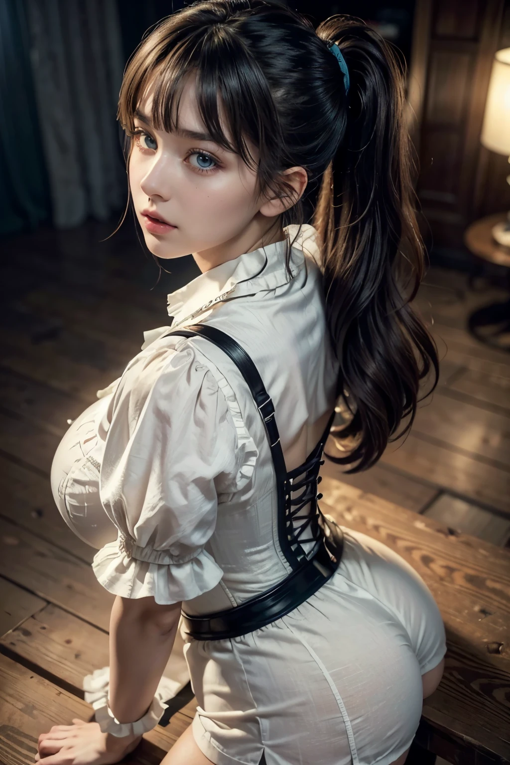 8K,((masterpiece)), ((best quality)), (ultra-detailed), High detail, professional photograph, highest quality, floating hair, beautiful detailed, (((realistic))), hyper realistic character,natural lighting ,beautiful detailed eyes,1girl, solo,blunt bangs, realistic,a girl with a large bust, her blouse is about to burst from her large breasts, ponytail, bangs, thick thighs, beautiful detailed eyes, beautiful detailed lips, extremely detailed eyes and face, long eyelashes, , corset blouse, white blouse, pleated skirt, thigh-high socks, suspenders, photo-realistic, 8k, vivid colors, masterpiece, anime, cinematic lighting, soft focus, ((Slim figure)), (from above and back:1.4)