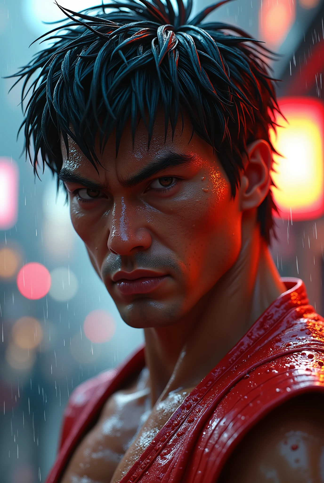 hyper focus, Ryu (street fighter), ultra realisticdetails, hiper真实感, ultra realistic raindrops with ray tracing, 真实感, ray Tracing, hyper realistic reflections, amazing textures, Visible skin pores, Perfect face with 3D depth.