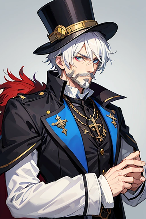Jack the Ripper from Ragnarok, a 40-year-old priest in a steampunk suit, has short, messy white hair, a stylish white beard and mustache with heterochromia eyes, blue right eye, green left eye. He is a tall, muscular man, wearing a gray Victorian-era formal suit with a white shirt underneath and a blood-red steampunk-style top hat. with a cross on his chest, wearing a gold crucifix necklace and looking directly at the viewer, against a white background.