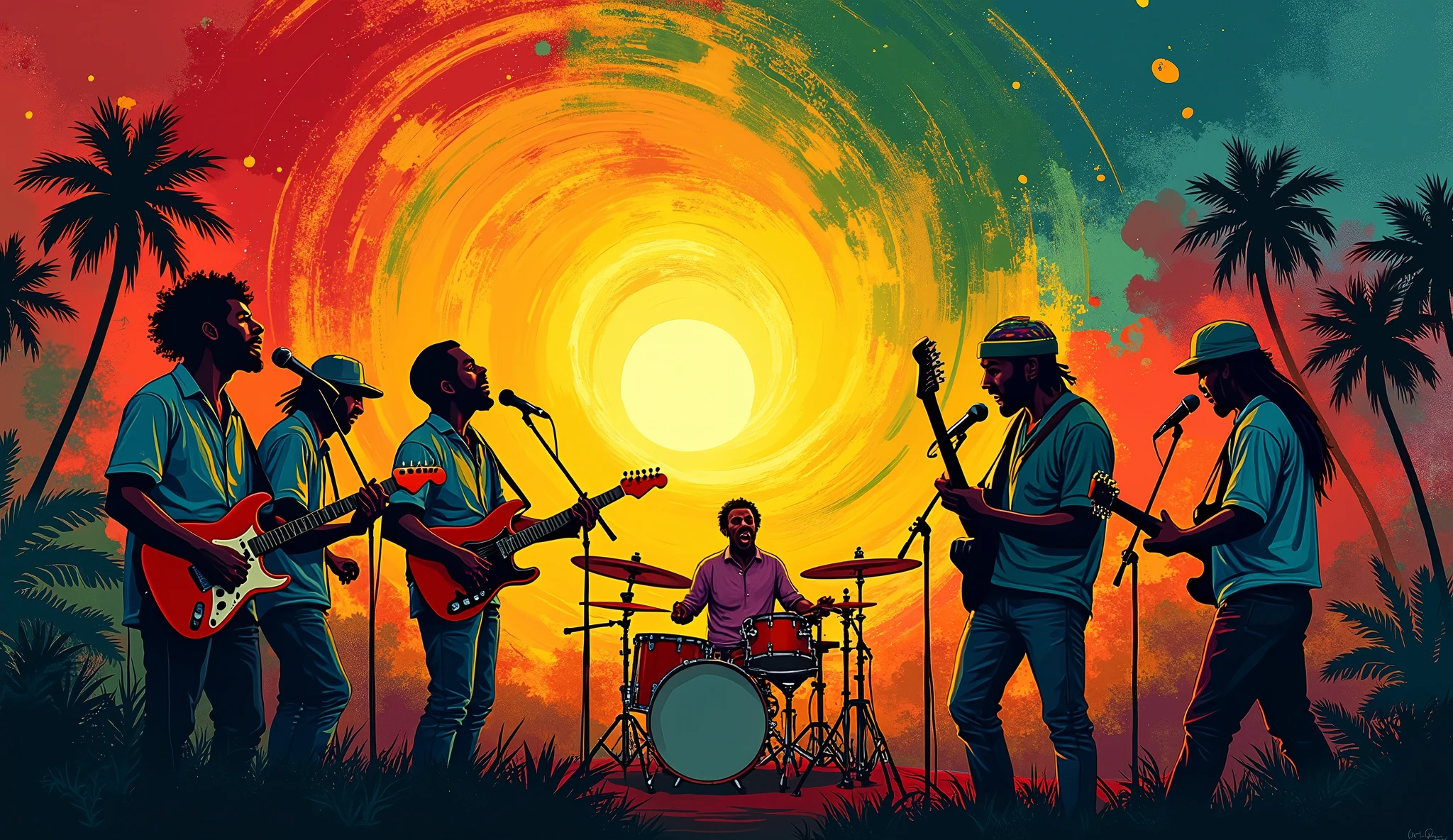 vectorial art, With a lot of Jamaican reggae, Authentic Jamaican Reggae Music Atmosphere，colorful illustrations, At the center, swirly vibrant colors, paint splashes and smears, high détail,
