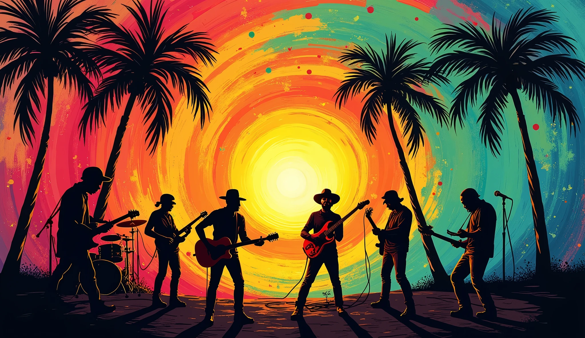 vectorial art, With a lot of Jamaican reggae, Authentic Jamaican Reggae Music Atmosphere，colorful illustrations, At the center, swirly vibrant colors, paint splashes and smears, high détail,
