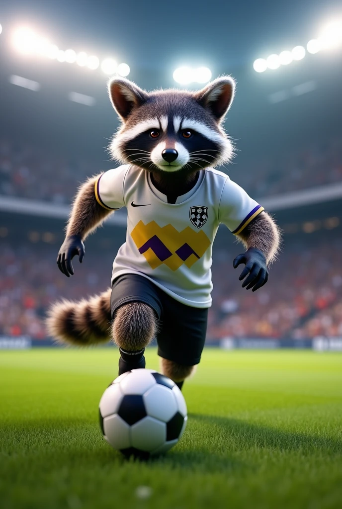 create a raccoon pet (Procyon lotor), for field football, the illustrative details will be faithful to the Procyon lotor species, Don't use anthropomorphism. Ultrarealistic 3D image, with a facial expression that conveys strength and courage, Making you imposing. The mascot should wear a white shirt with black diamonds., Yellow and purple and that fits the mascot's body perfectly., This shirt should have the raccoons emblem on the left side.. They should also wear perfectly fitting black shorts.., Black socks in the same style as the shirt and black shoes.. The mascot will be in a running position towards a soccer ball, conveying all the energy and determination of a soccer player, with your gaze fixed on this goal. The mascot will be in a soccer stadium, around it the stands are full of vibrant fans, the spotlights illuminating the field and the perfectly cut grass.