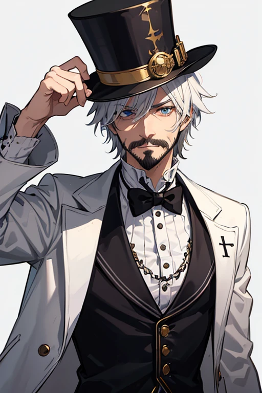 Jack the Ripper from Ragnarok, a 40-year-old priest in a steampunk suit, has short, messy white hair, a stylish white beard and mustache with heterochromia eyes, blue right eye, green left eye. He is a tall, muscular man, wearing a gray Victorian-era formal suit with a white shirt underneath and a blood-red steampunk-style top hat. with a cross on his chest, wearing a gold crucifix necklace and looking directly at the viewer, against a white background.