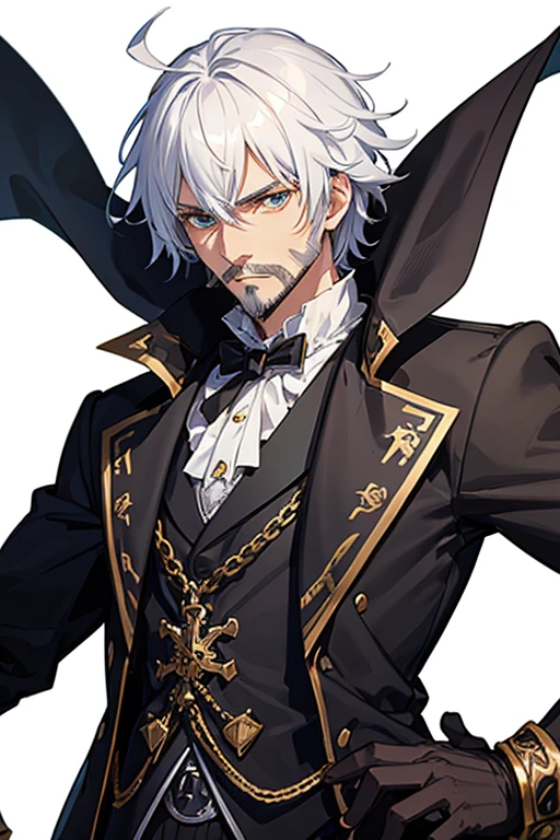 Jack the Ripper from Ragnarok, a 40-year-old priest in a steampunk suit, has short, messy white hair, a stylish white beard and mustache with heterochromia eyes, blue right eye, green left eye. He is a tall, muscular man, wearing a gray Victorian-era formal suit with a white shirt underneath and a blood-red steampunk-style top hat. with a cross on his chest, wearing a gold crucifix necklace and looking directly at the viewer, against a white background.