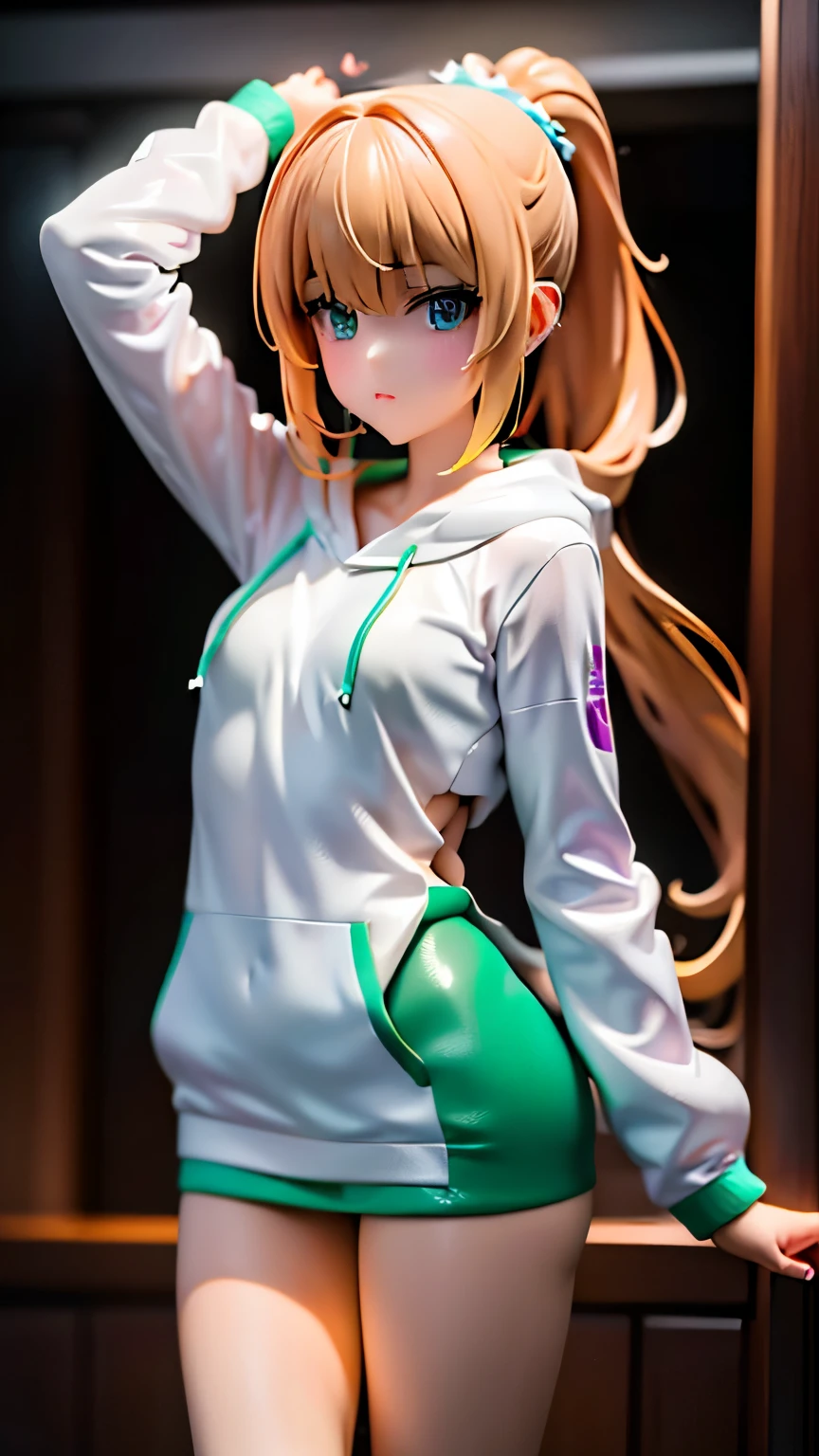 Browsing Caution,((Perfect Anatomy:1.5,Realistic,:1.3,RAW Photos:1.3,masterpiece、Highest quality、Ultra - High resolution、High resolution、Extremely detailed CG、8k)),Cowboy Shot,1 female,alone,20 year old beauty,(Beautiful and exquisite face and eyes,Big and beautiful eyes),Bright green eyes,(Blonde,ponytail,Long Hair,bangs),(Medium chest,Slender body,Small Head,skinny, Glowing Skin,Oily skin,Glowing Skin),Are standing,Put your arms behind your back,((Light green hooded sweatshirt,Oversized hooded sweatshirt,Long sleeve,black_Knee socks)),  break ,  ((White panties:1.2、Love Juice)),  ,in the train,A large number of people々、Inside the train、Tokyo、